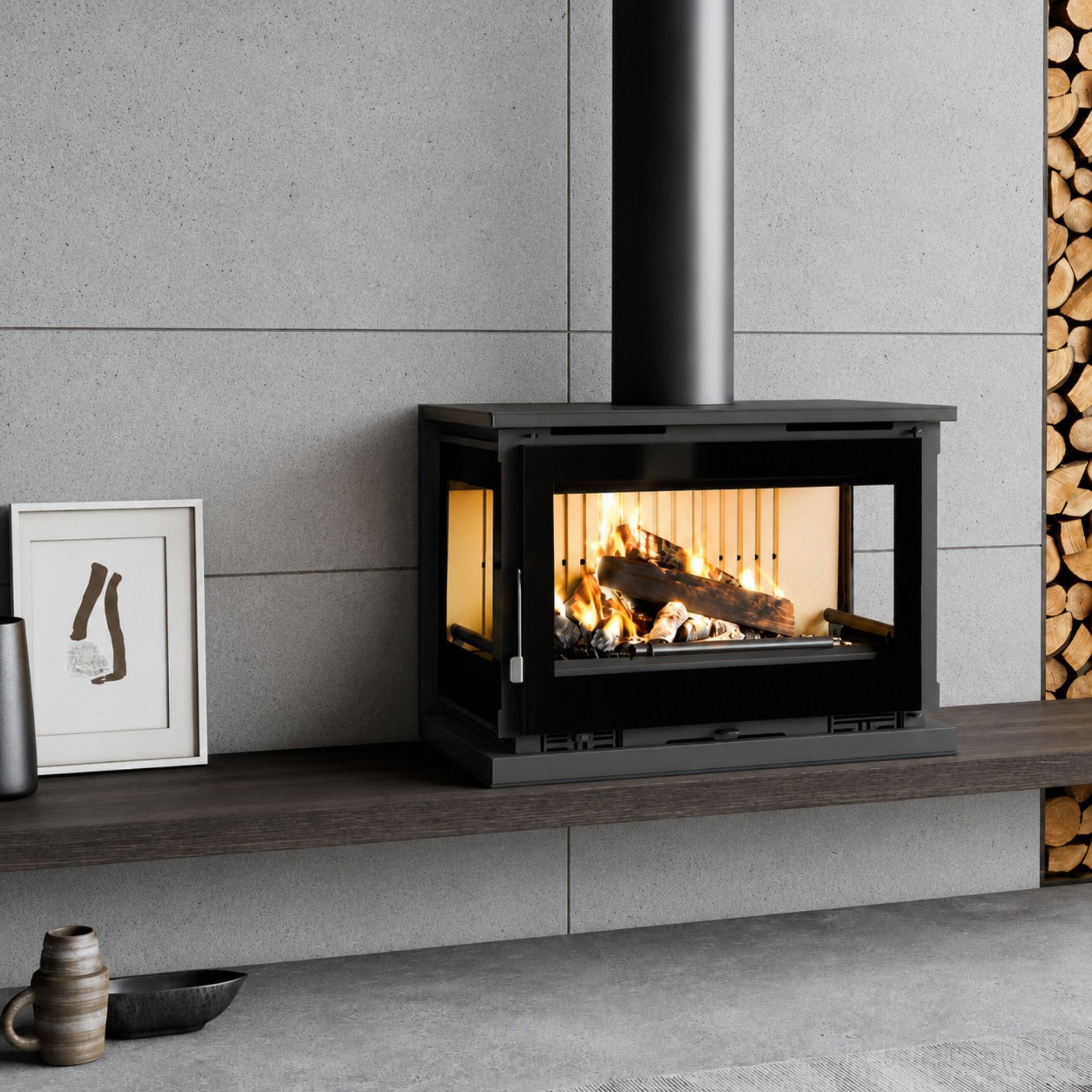 Poêle à bois ventilé raccordable 3 vitres suspendu - FIREMATIC Calgary - L 13.3 kW